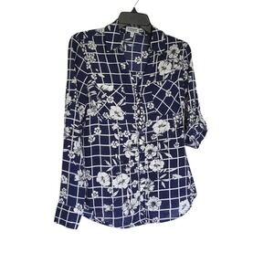 Express Women Portofino Navy Floral Windowpane Roll Tab Sleeve Chiffon Top Small